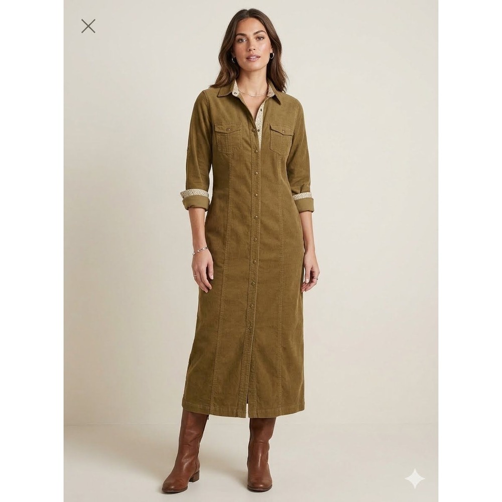 Eddie Bauer Vintage Size 6 Brown Corduroy Button Front Long Shirt Dress Modest